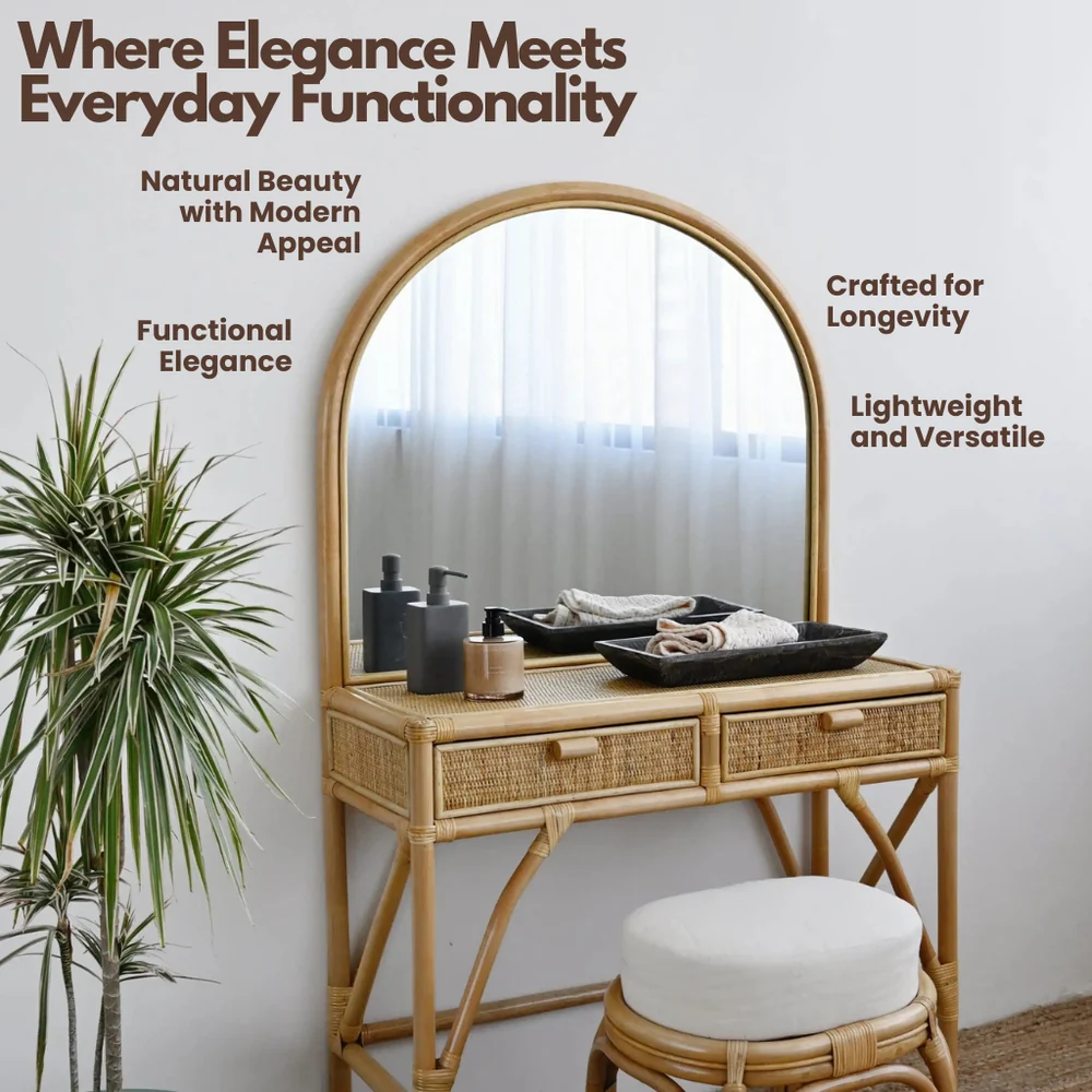Dressing Mirror and Table | Modern Vanity Haven with Rattan Frame (Including Stool & Glass)