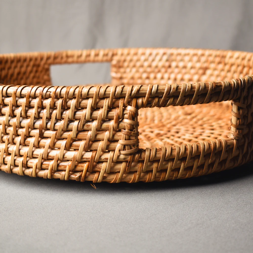 Whisper Weave - Handwoven Round Rattan Tray with Cut-Out Handles