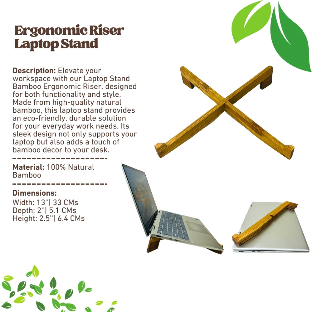 Laptop Stand Bamboo Ergonomic Riser | Sleek Desk Organizer