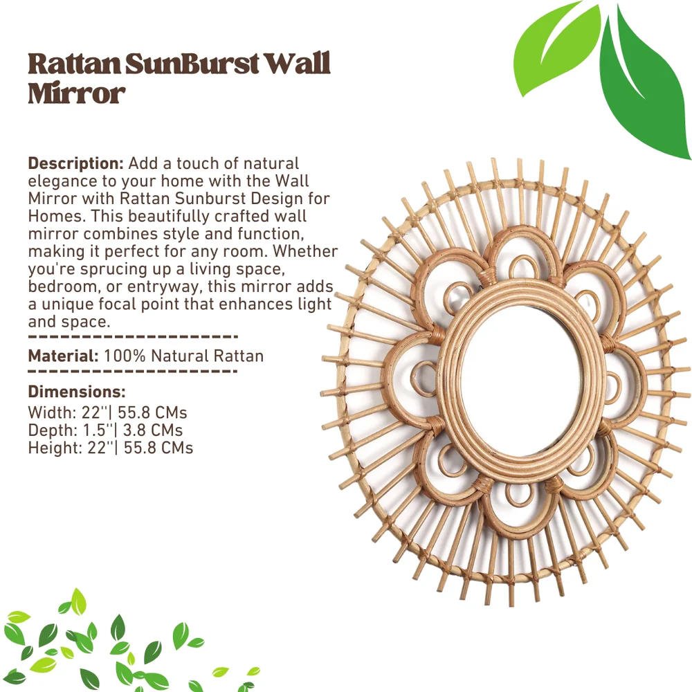 Wall Mirror with Rattan Sunburst Design for Homes