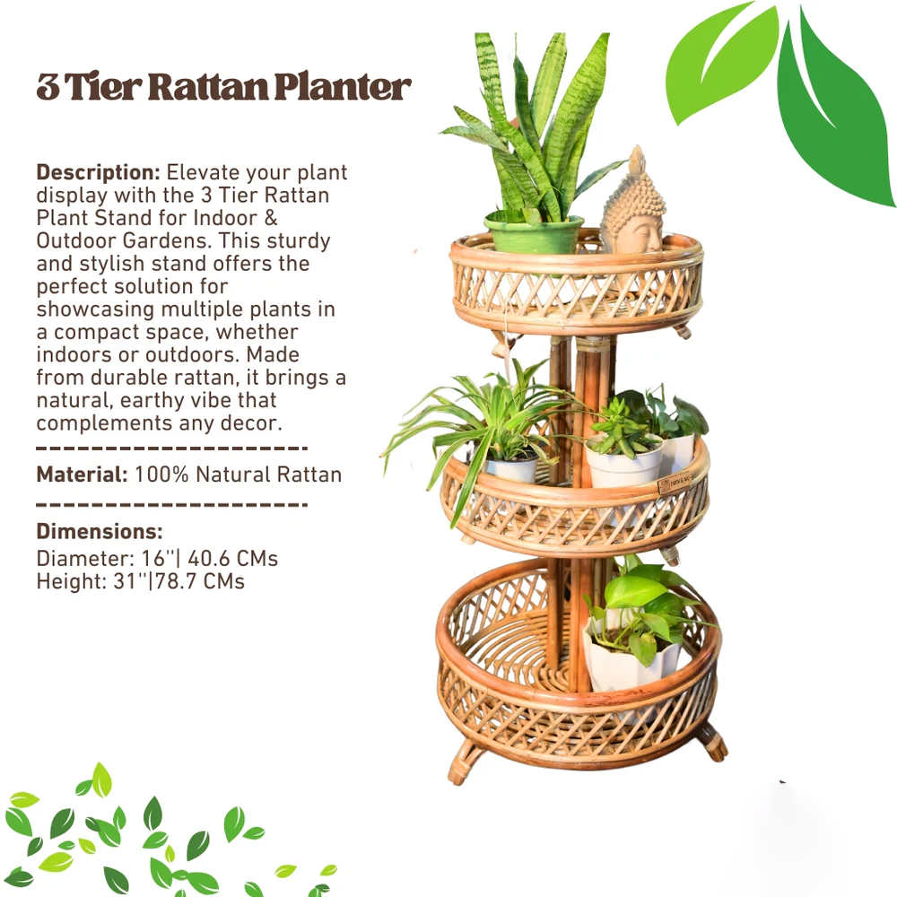 3 Tier Rattan Plant Stand for Indoor & Outdoor Gardens