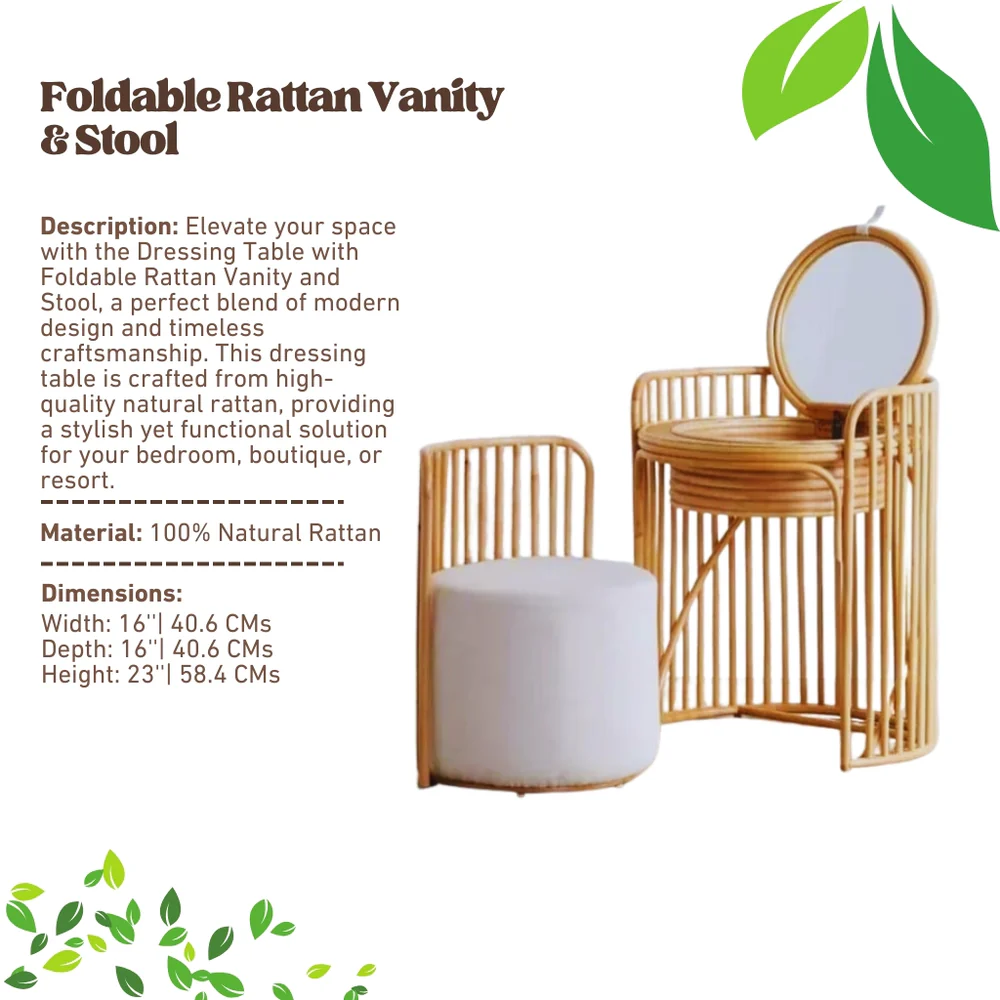 Dressing Table with Foldable Rattan Vanity and Stool