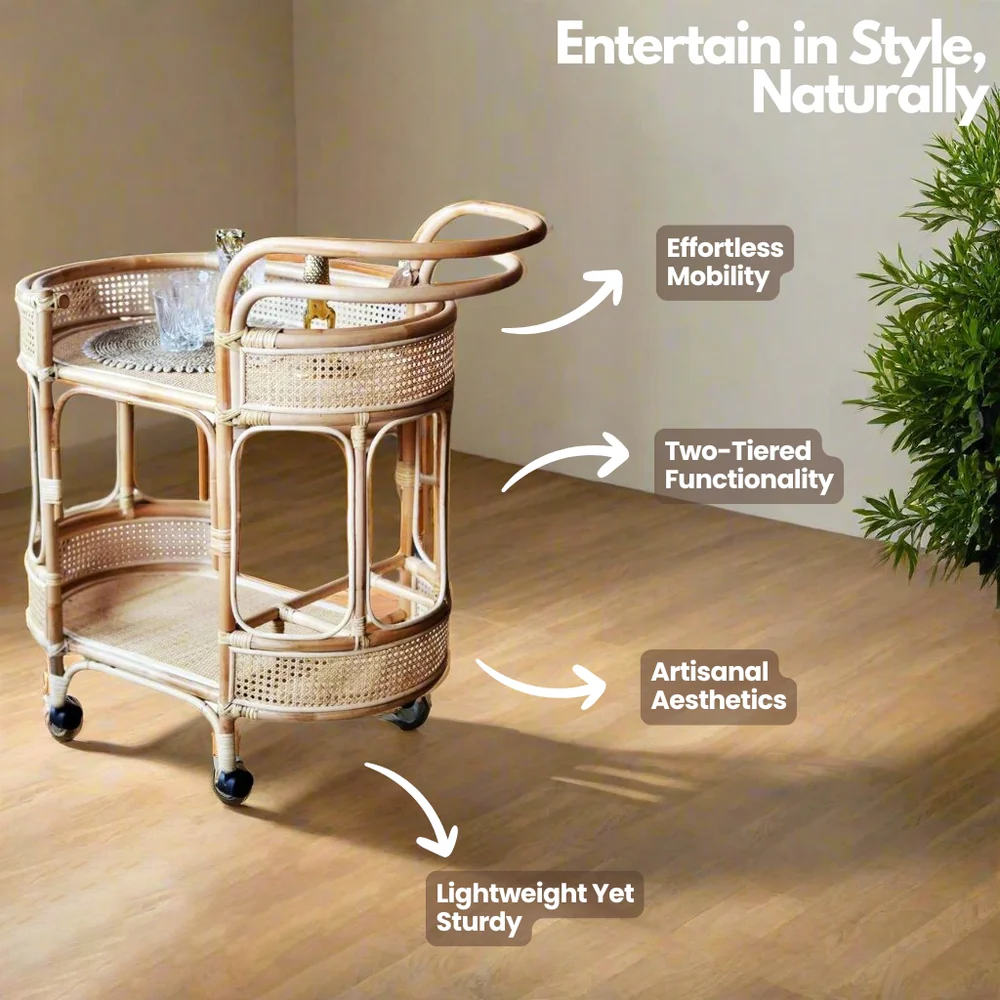 Bar Cart with Rattan Shelves and Rolling Wheels