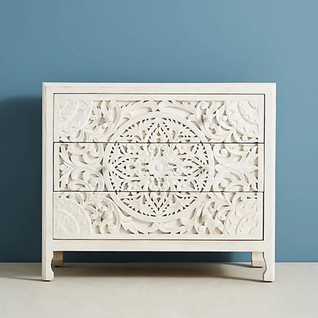 Beautifully Handcarved 3-Drawer White Chest of Drawers