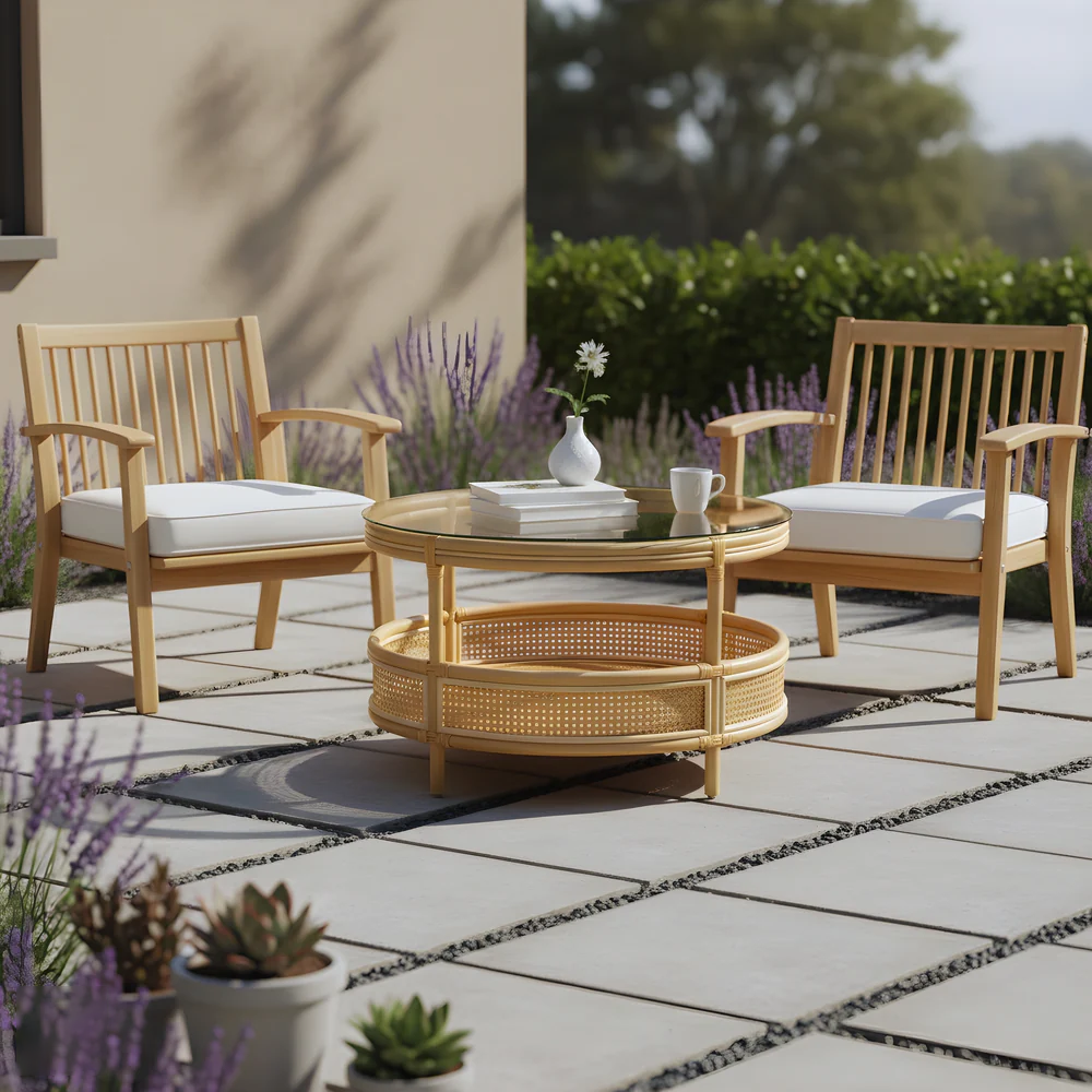 Coffee Table with Circular Chic Design and Natural Rattan (Without Glass)