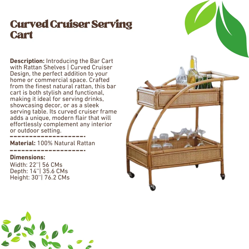 Bar Cart with Rattan Shelves | Curved Cruiser Design