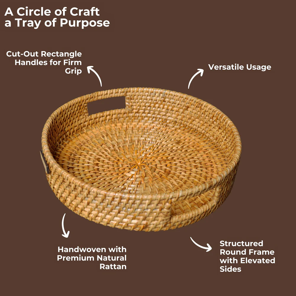 Whisper Weave - Handwoven Round Rattan Tray with Cut-Out Handles