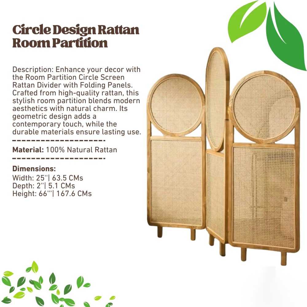 Room Partition Circle Screen Rattan Divider with Folding Panels