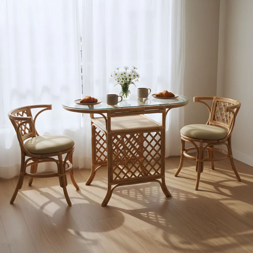 Dining Table Set with Twisted Twine Rattan Table and Chairs (Excluding Glass)