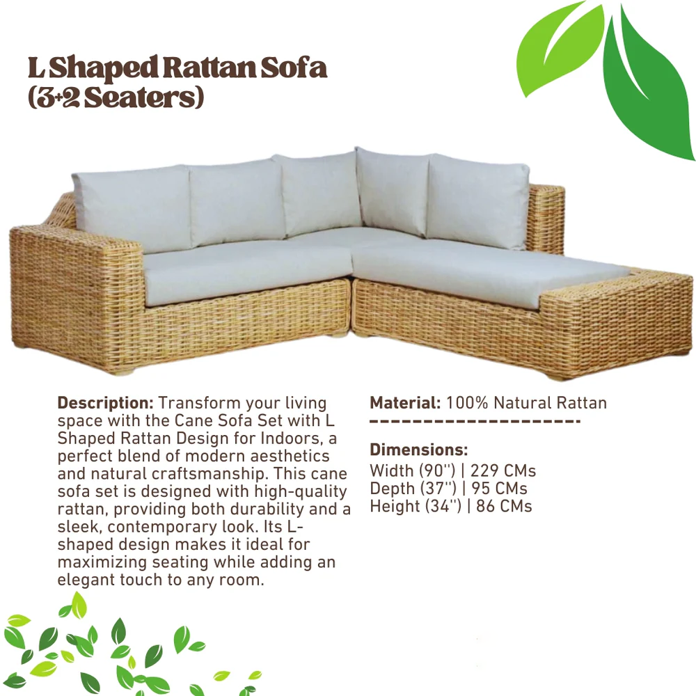 Cane Sofa Set with L Shaped Rattan Design for Indoors