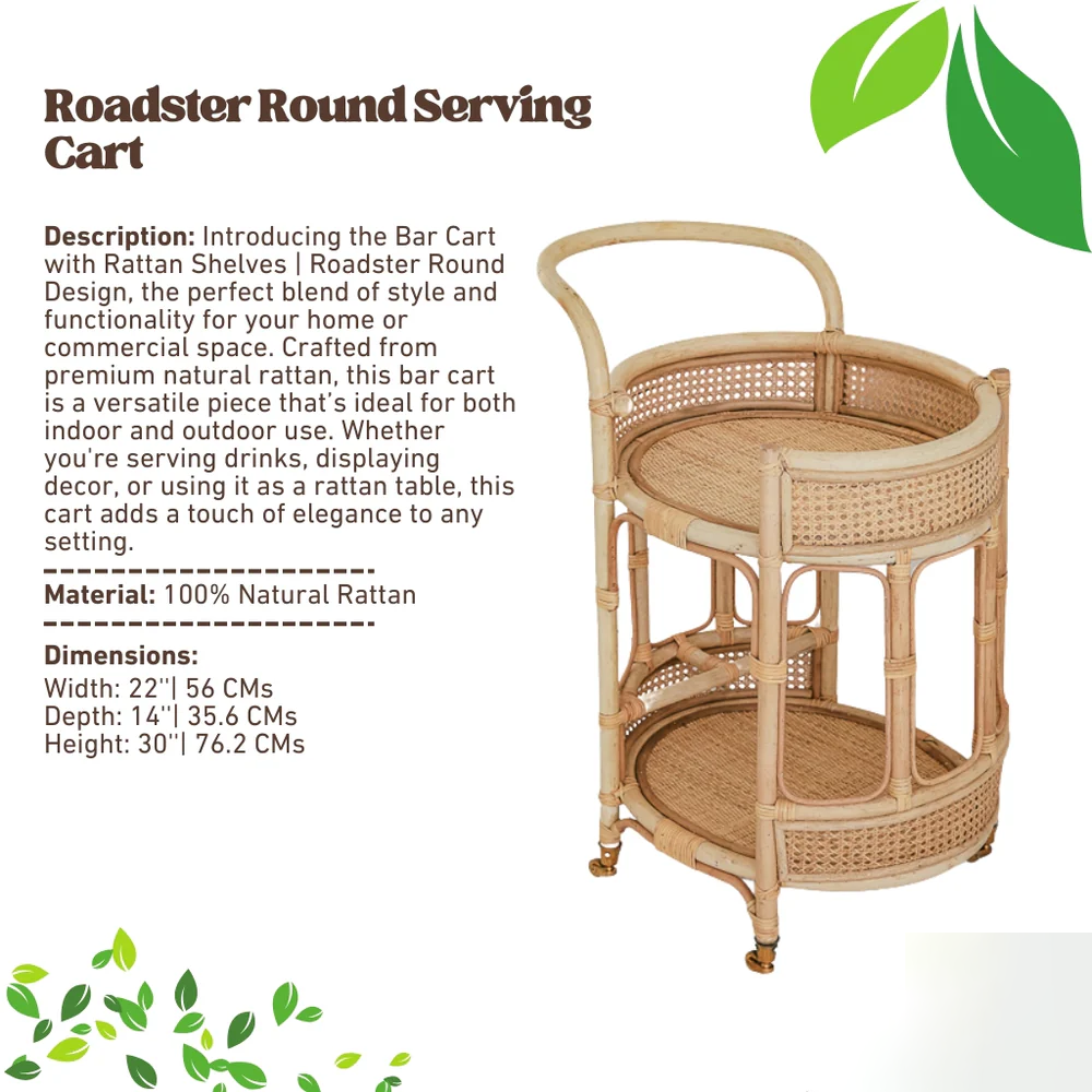 Bar Cart with Rattan Shelves | Roadster Round Design