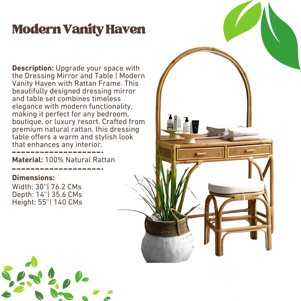 Dressing Mirror and Table | Modern Vanity Haven with Rattan Frame (Including Stool & Glass)
