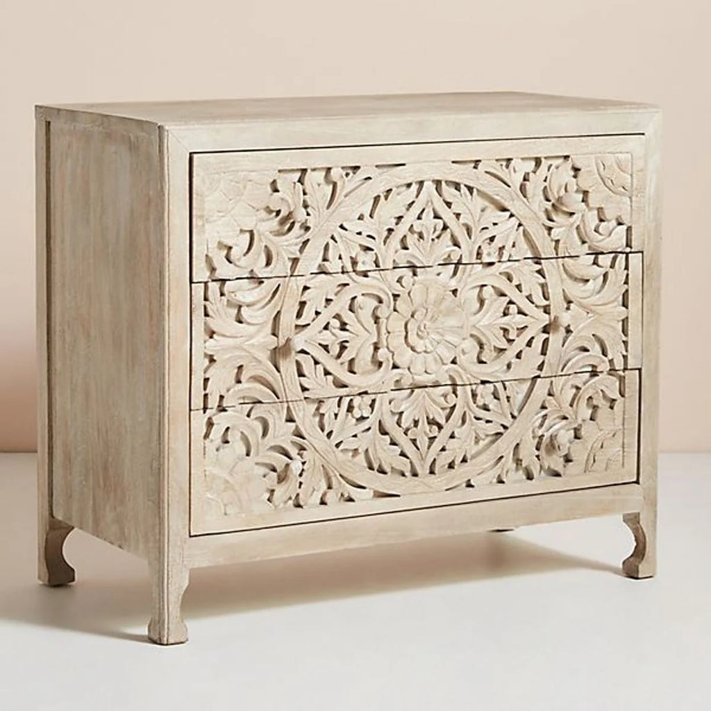 Premium Handcarved 3-Drawer Grey Chest of Drawer