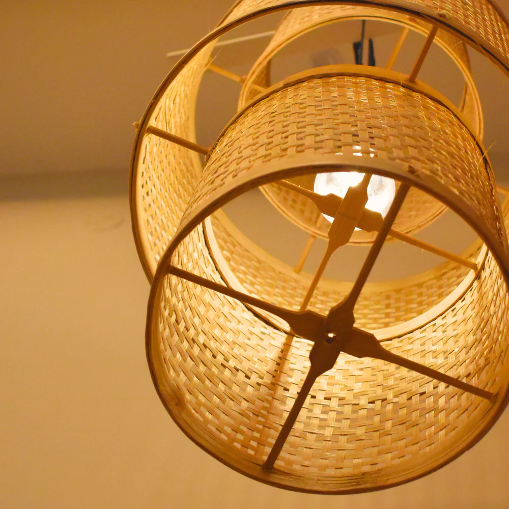 Artisan Aura Bamboo Hanging Lamp - Stacked Lantern Cane Drum
