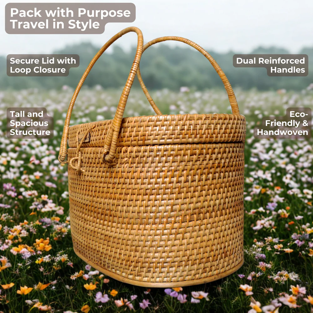 Borough - Lidded Oval Rattan Utility Basket with Dual Handles