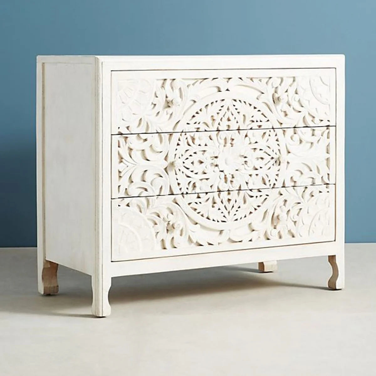 Beautifully Handcarved 3-Drawer White Chest of Drawers