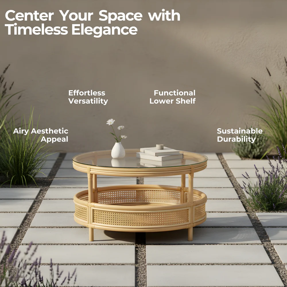 Coffee Table with Circular Chic Design and Natural Rattan (Without Glass)