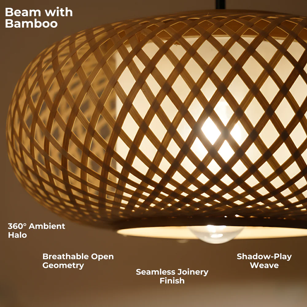 Oval Cage Bamboo Hanging Lamp - Open Lattice Cane