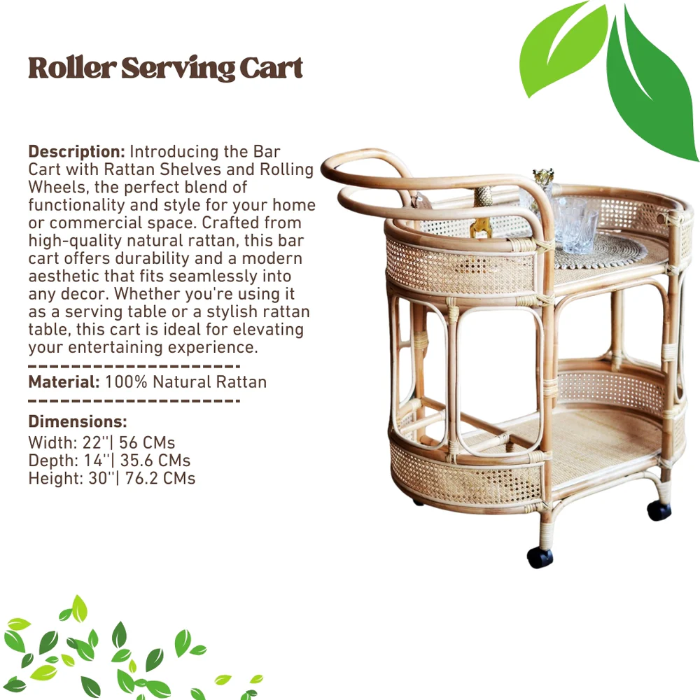 Bar Cart with Rattan Shelves and Rolling Wheels