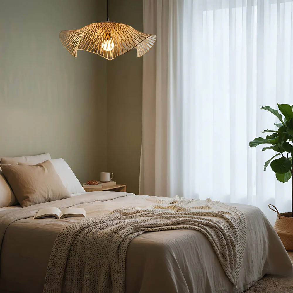 Radiance Bamboo Hanging Lamp - Wave-Edge Chevron Cane