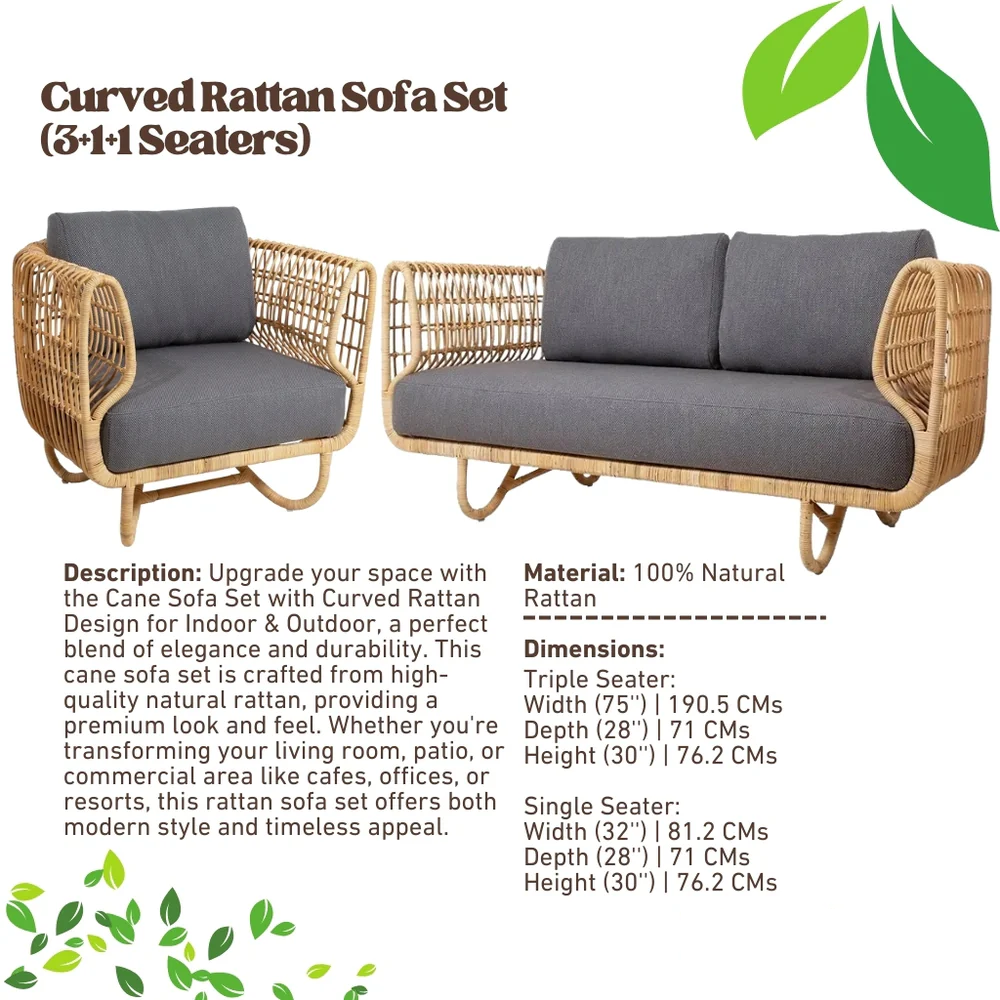Cane Sofa Set with Curved Rattan Design for Indoor & Outdoor