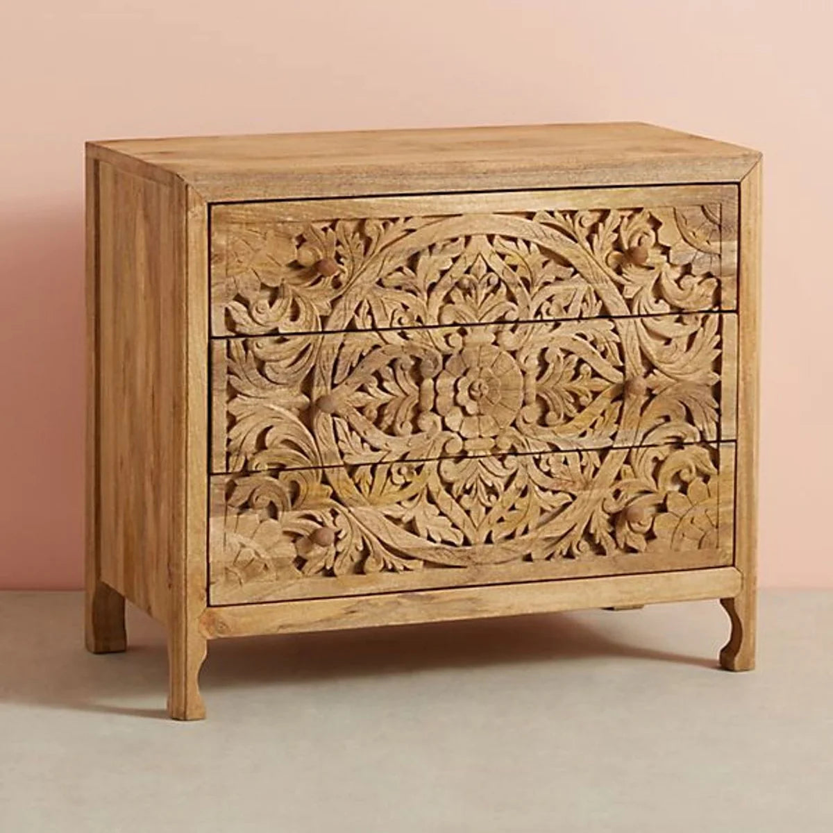 Elegant Floral Handcarved 3-Drawer Dresser