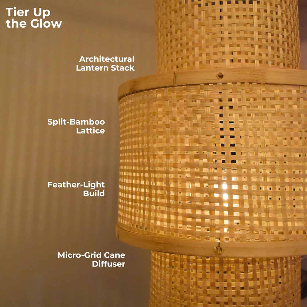 Artisan Aura Bamboo Hanging Lamp - Stacked Lantern Cane Drum