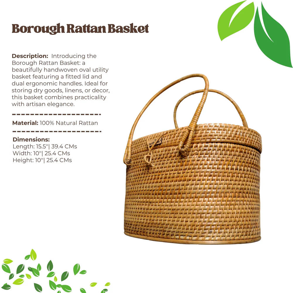 Borough - Lidded Oval Rattan Utility Basket with Dual Handles