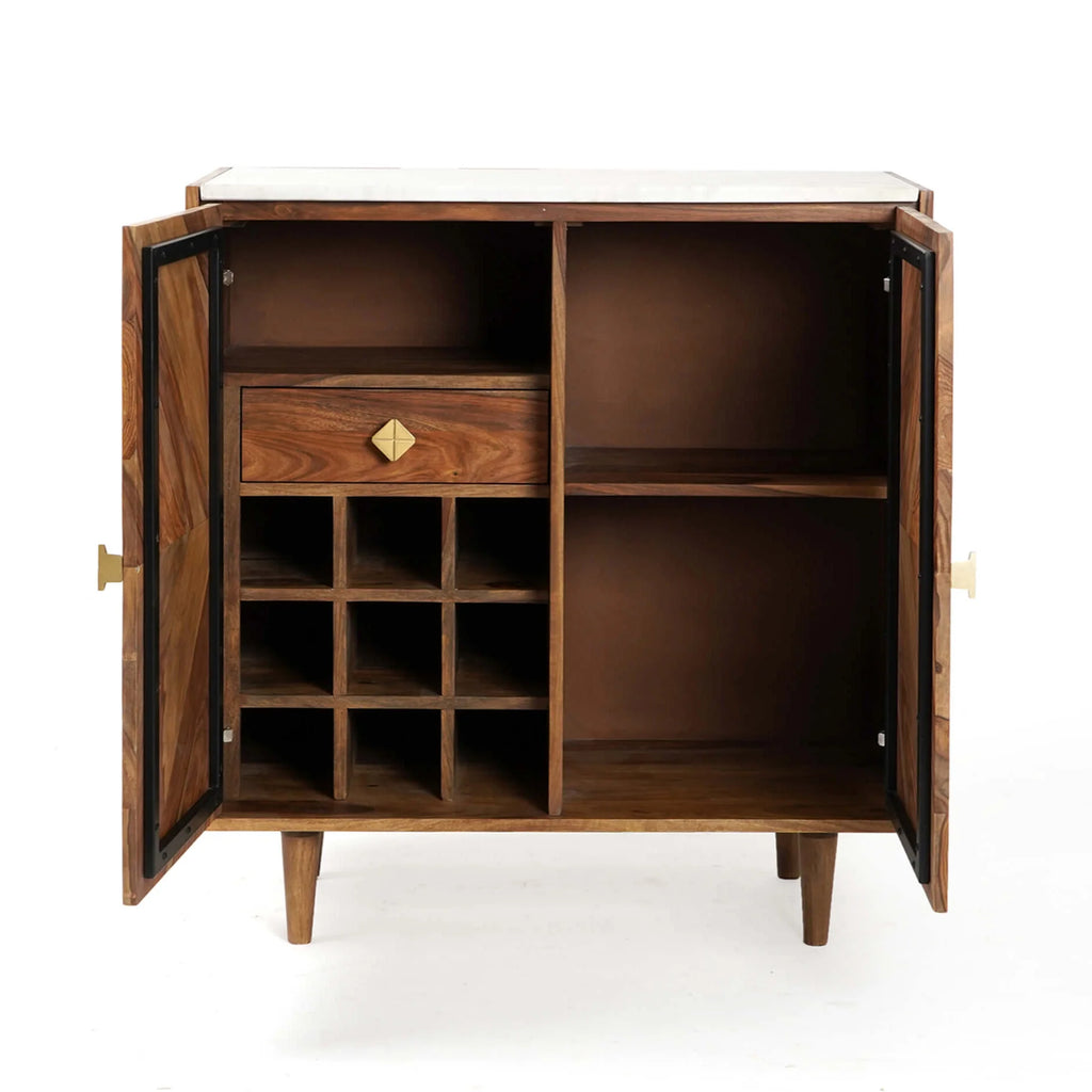 Industrial Charm Mango Wood Bar Cabinet with Iron Base