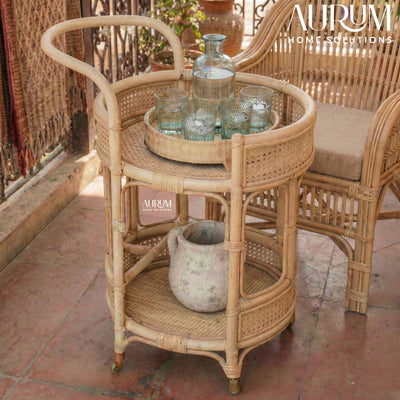 Bar Cart with Rattan Shelves | Roadster Round Design
