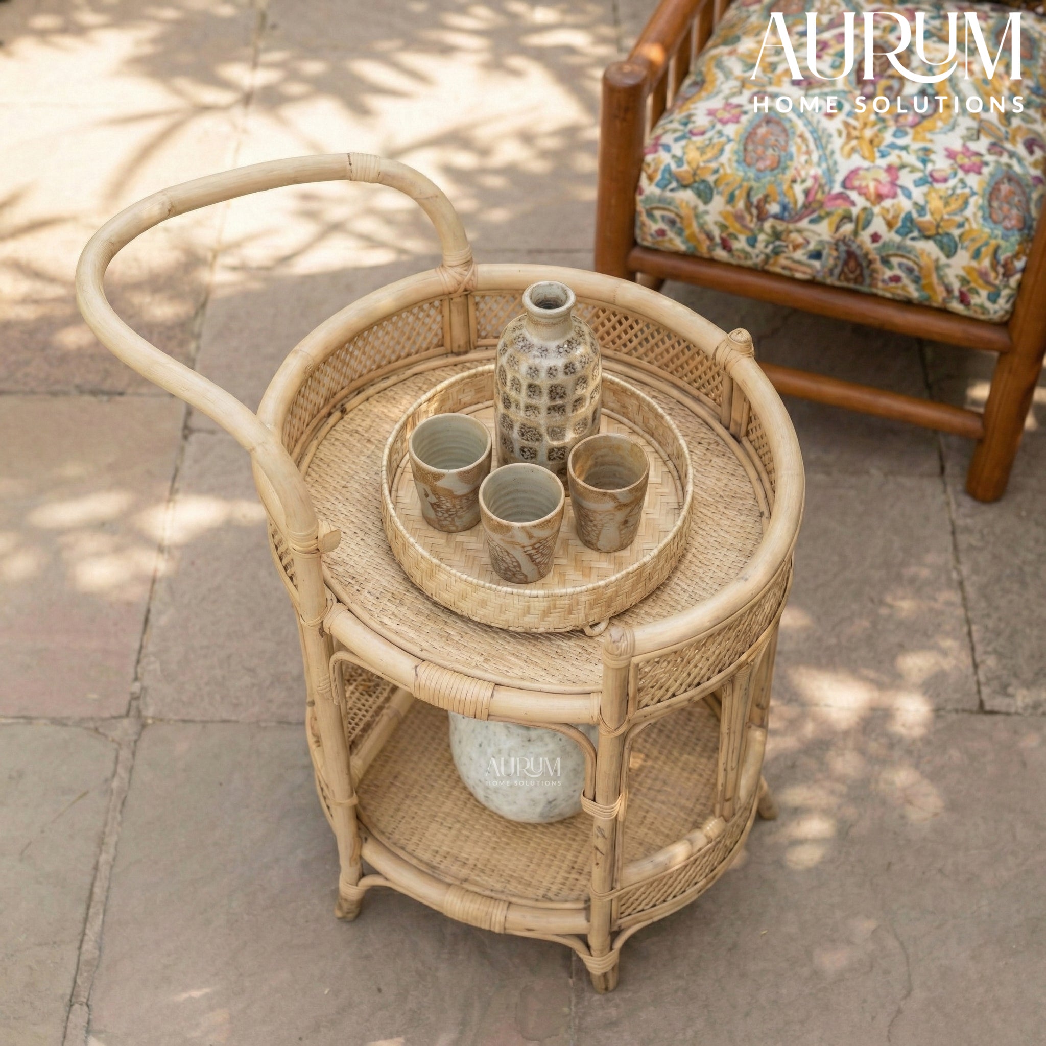 Bar Cart with Rattan Shelves | Roadster Round Design