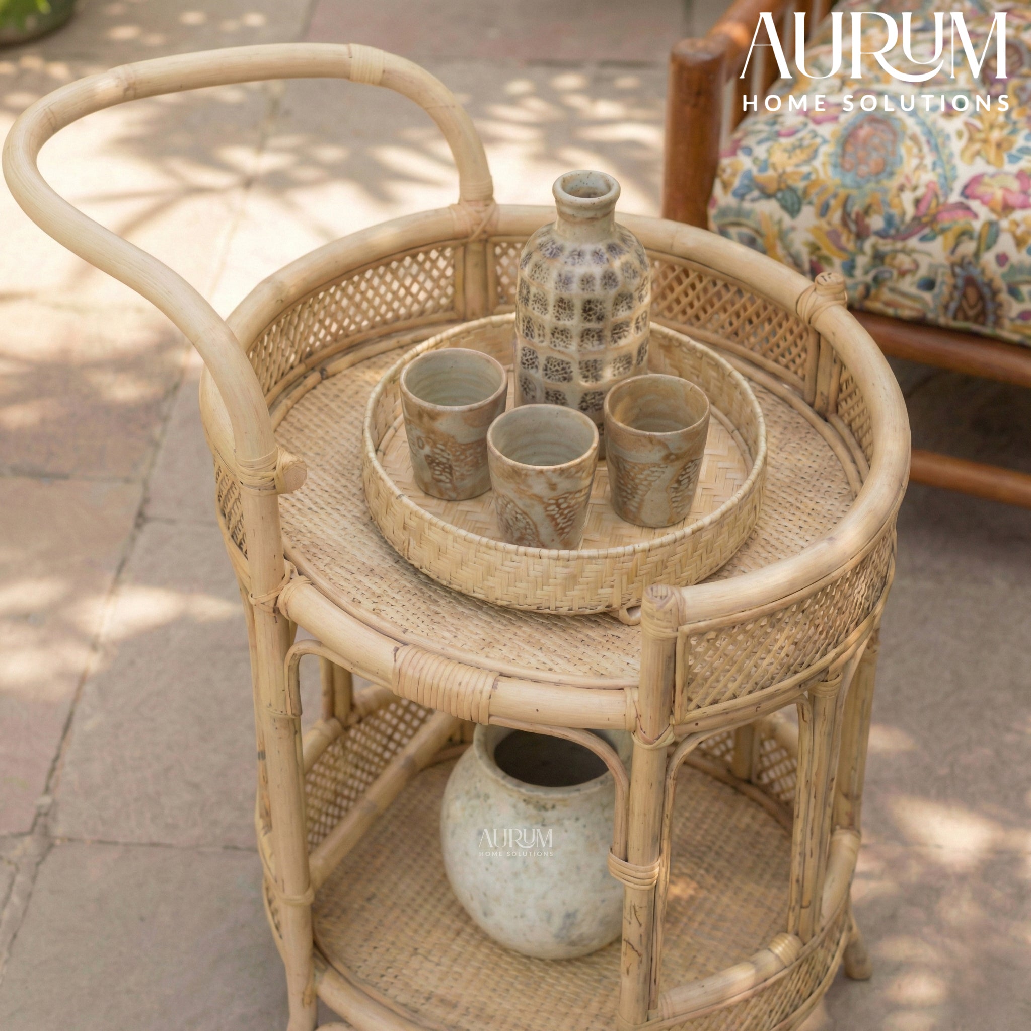Bar Cart with Rattan Shelves | Roadster Round Design