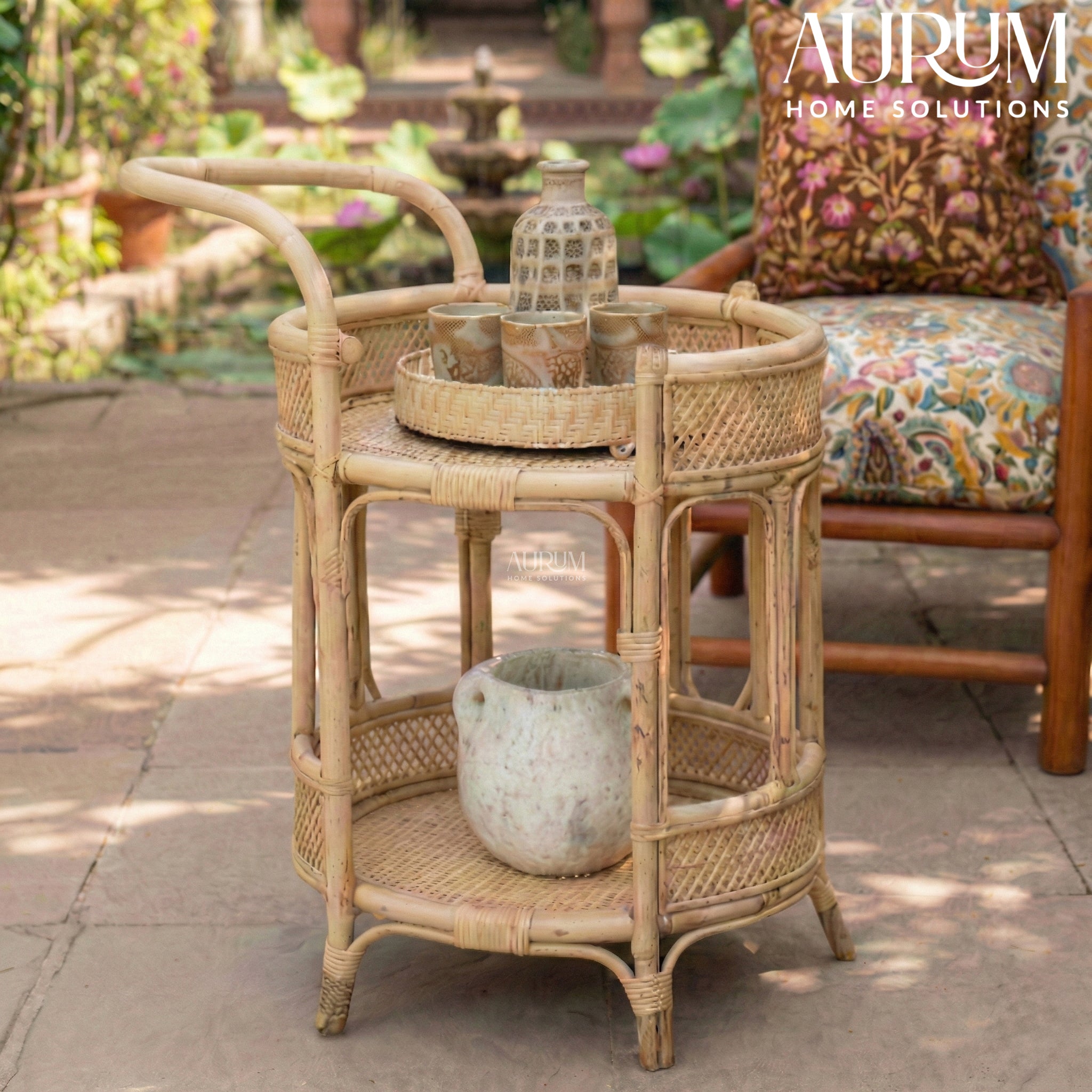 Bar Cart with Rattan Shelves | Roadster Round Design