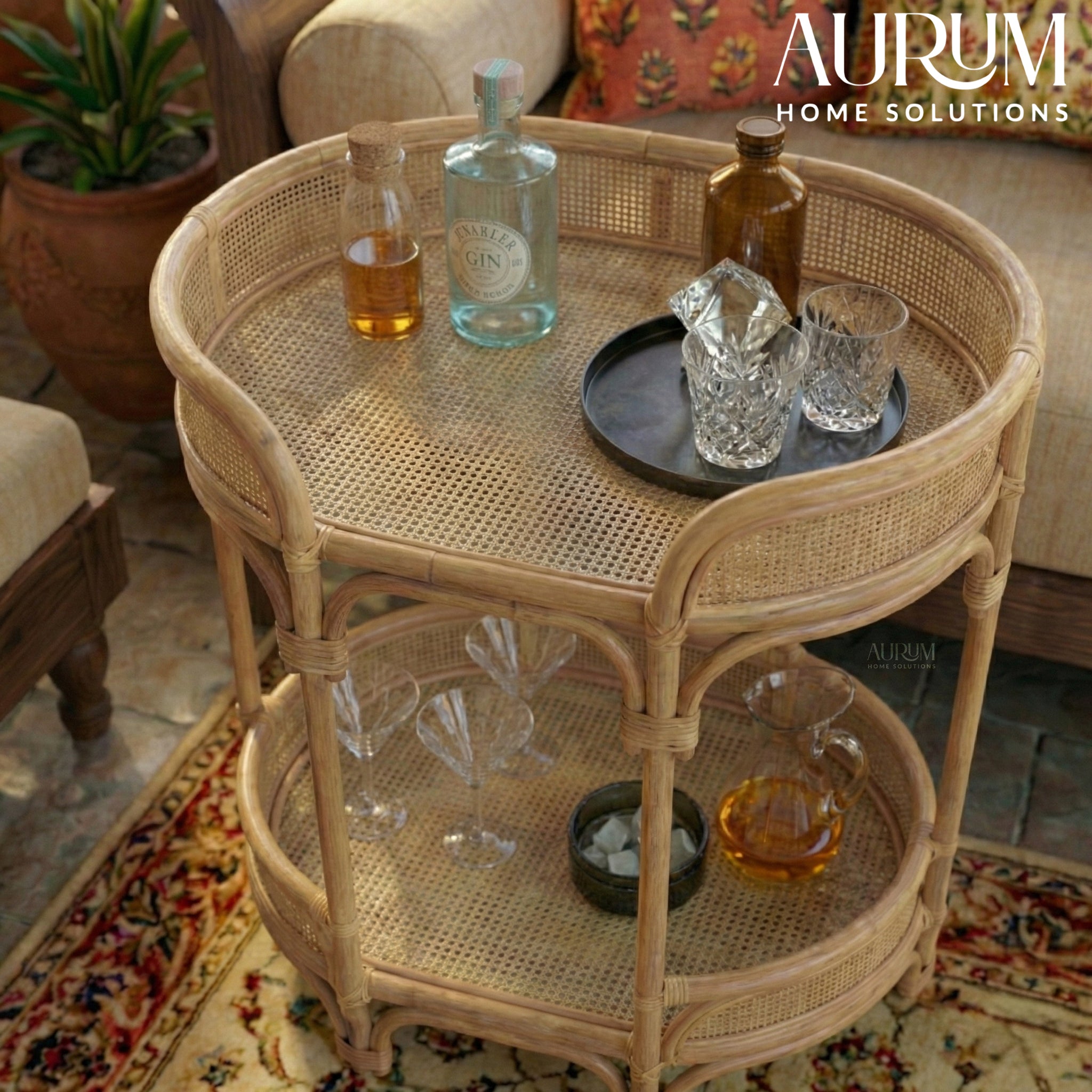 Bar Cart and Table with Rattan Shelves | Rendezvous Entertaining