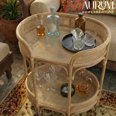 Bar Cart and Table with Rattan Shelves | Rendezvous Entertaining