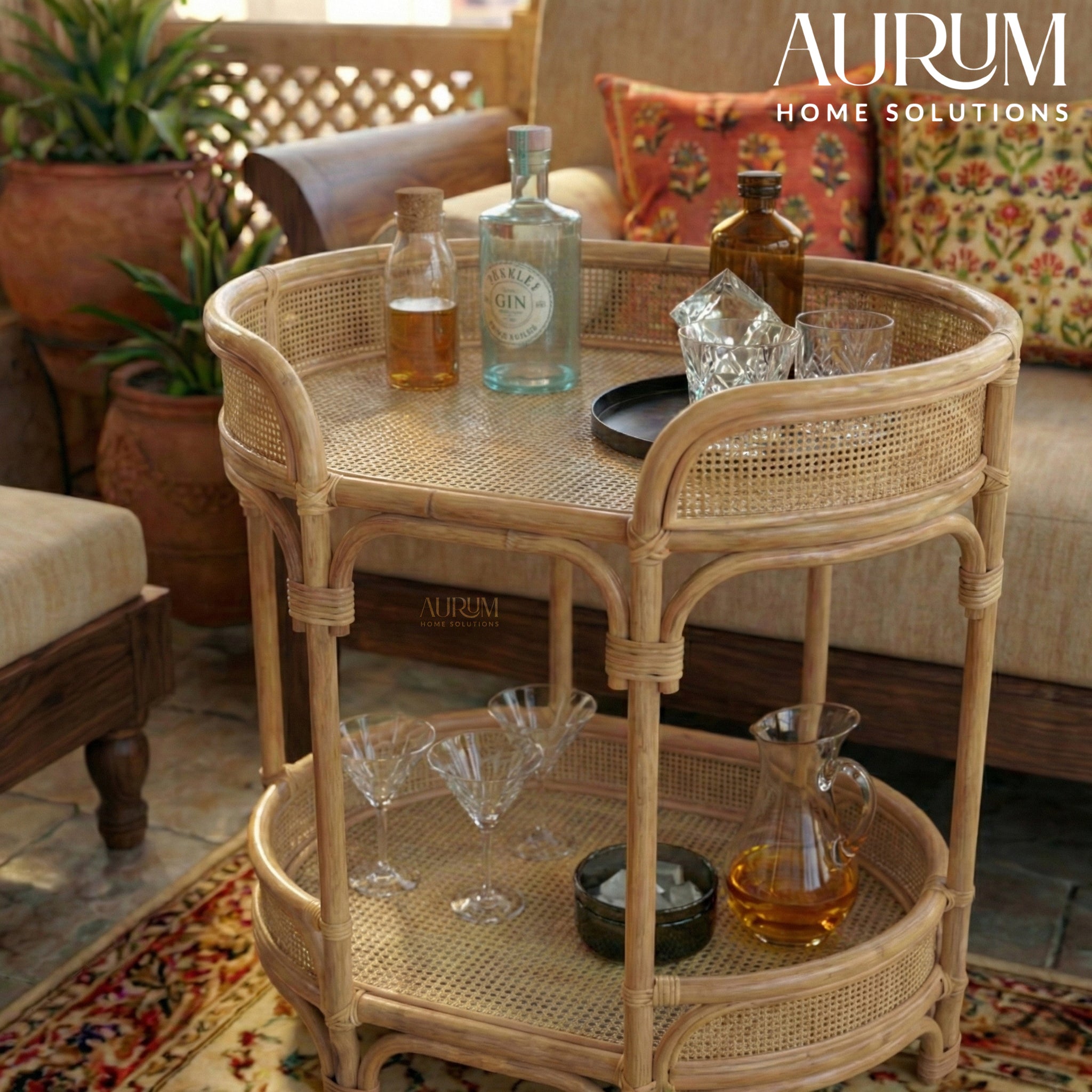 Bar Cart and Table with Rattan Shelves | Rendezvous Entertaining