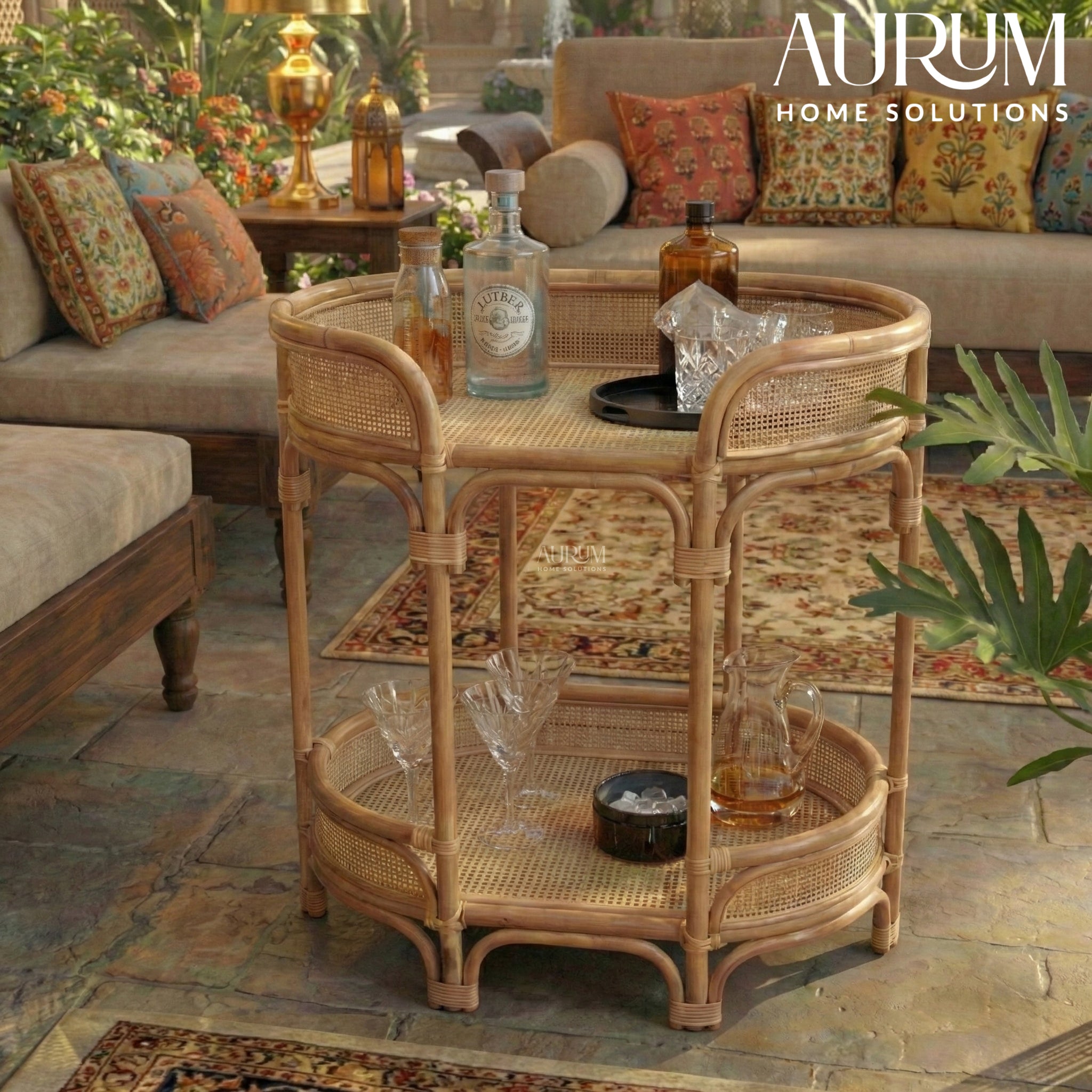 Bar Cart and Table with Rattan Shelves | Rendezvous Entertaining