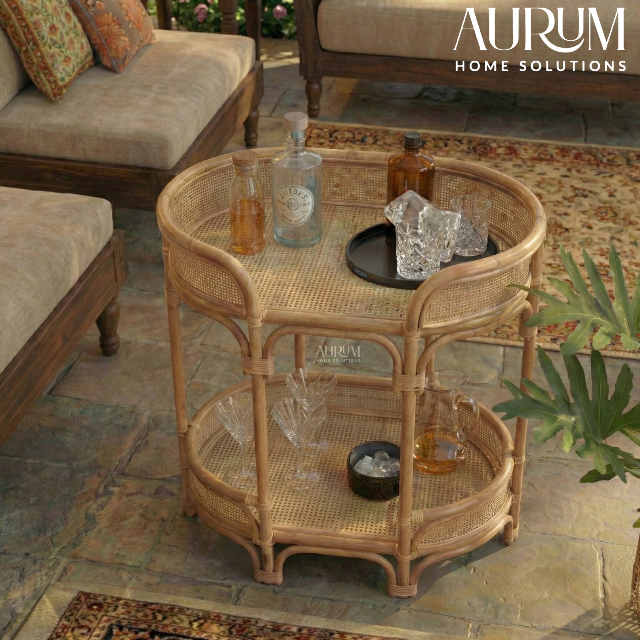 Bar Cart and Table with Rattan Shelves | Rendezvous Entertaining