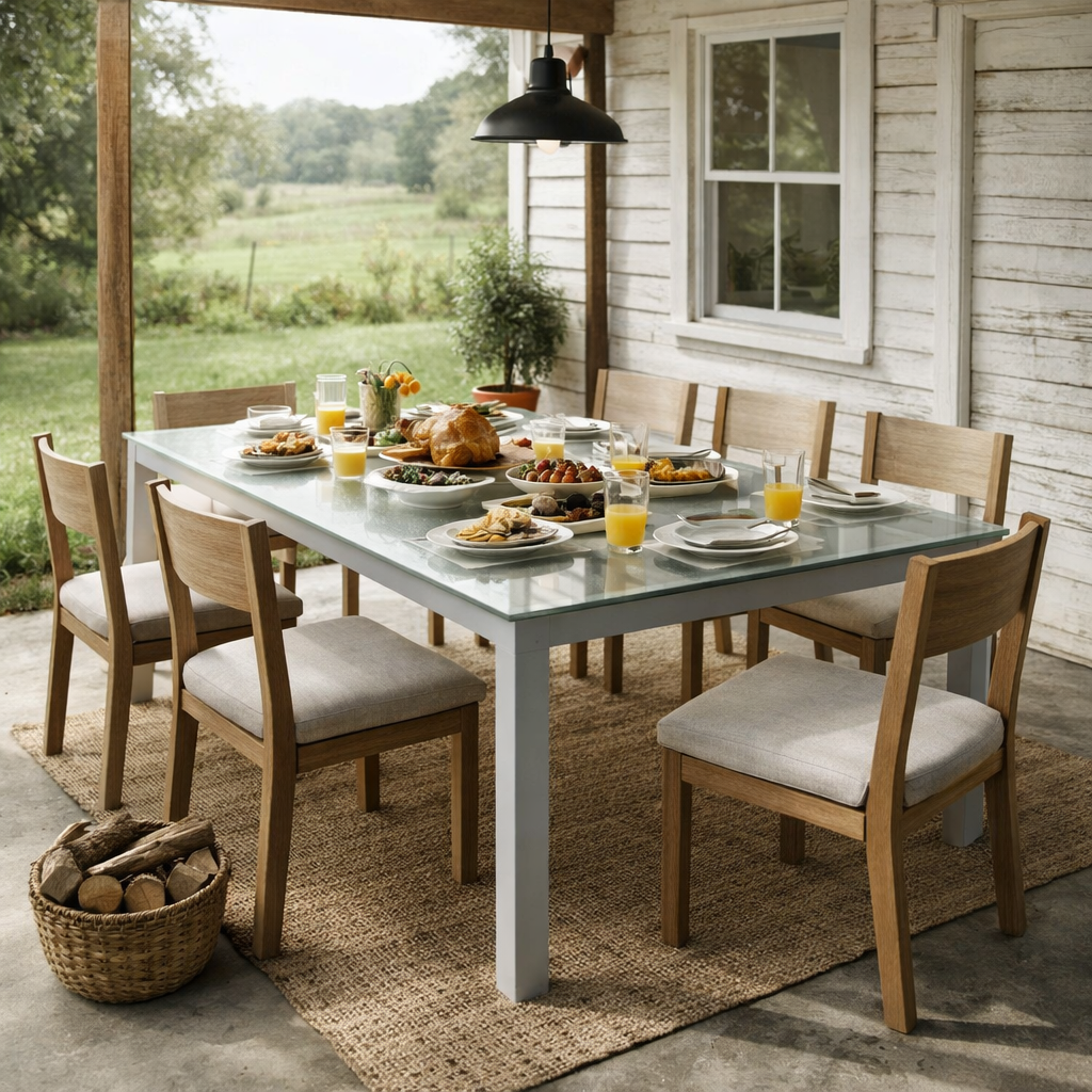 DINING TABLE SIX SEATER WITH GLASS TOP (AHO/047/003)