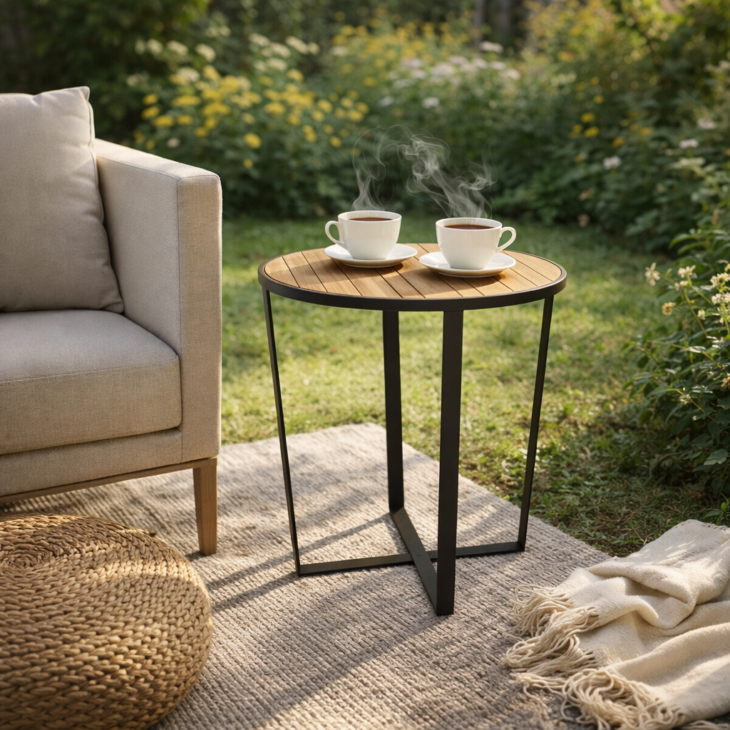 ROUND SIDE TABLE 50 CM. WITH TEAK WOOD TOP (AHO/042/011)