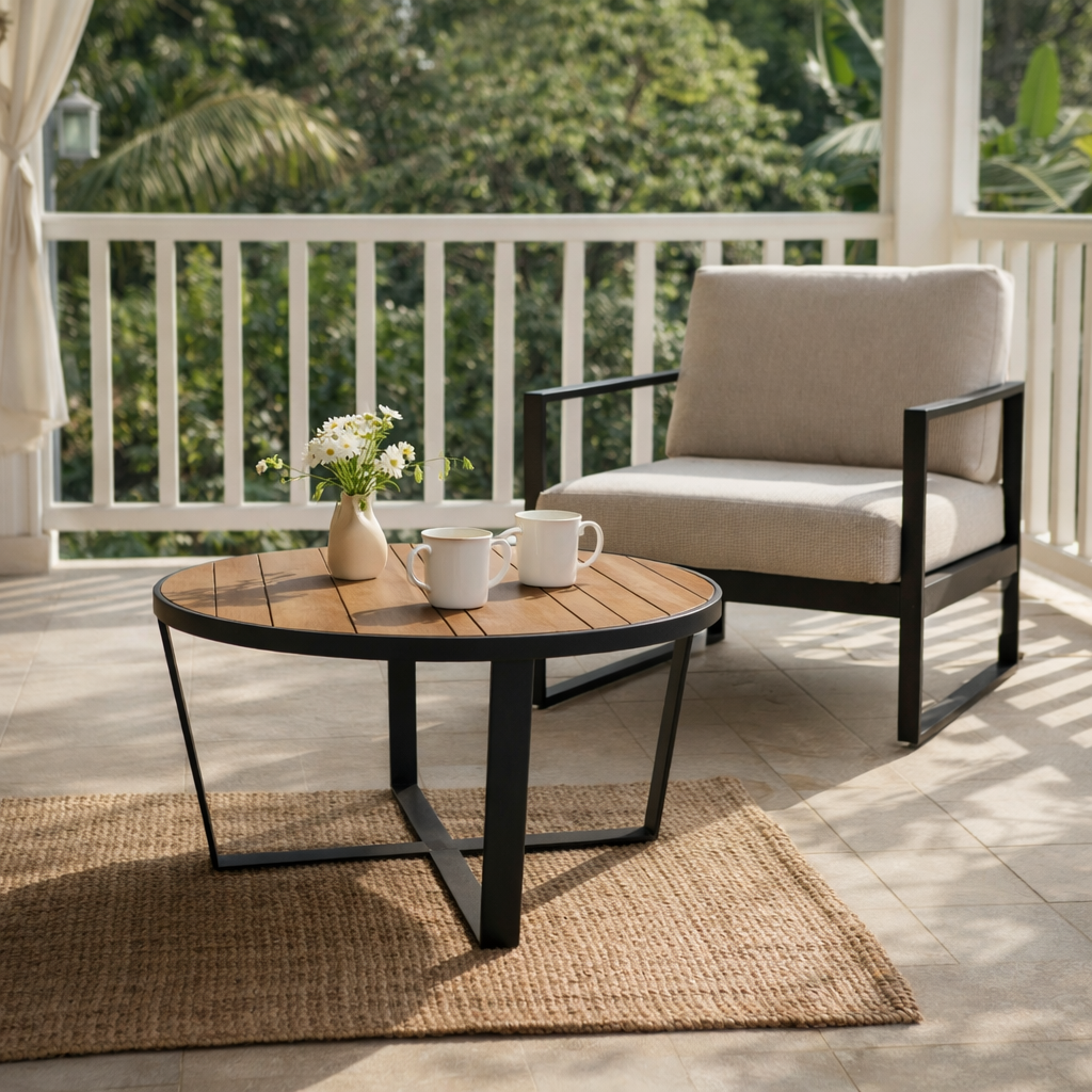 ROUND COFFEE TABLE 90 CM. WITH TEAK WOOD TOP (AHO/042/010)