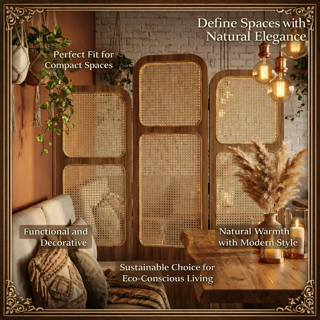 Room Partition Rattan Privacy Screen with Folding Panels