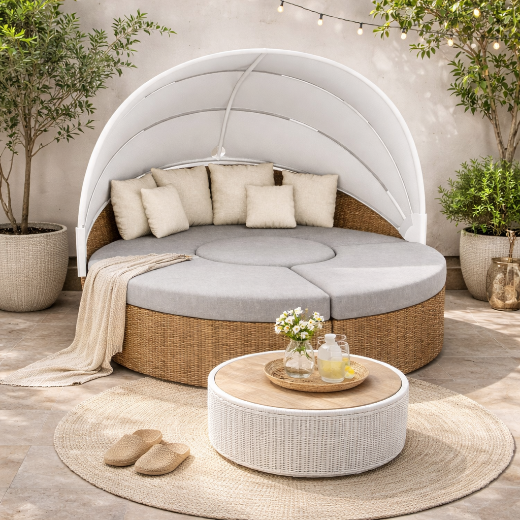 ROUND DAY BED COMPLETE WITH CANOPY & CUSHION (AHO/028/002)