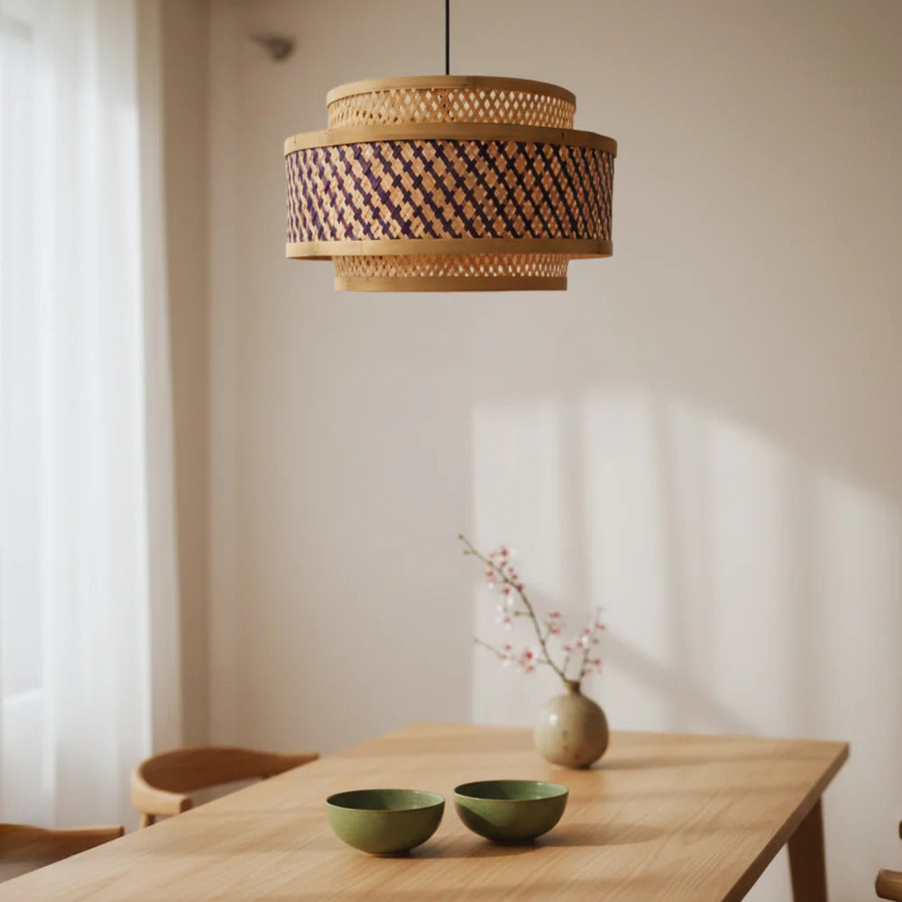 Double Layer Bamboo Hanging Lamp - Tiered Drum Pendant