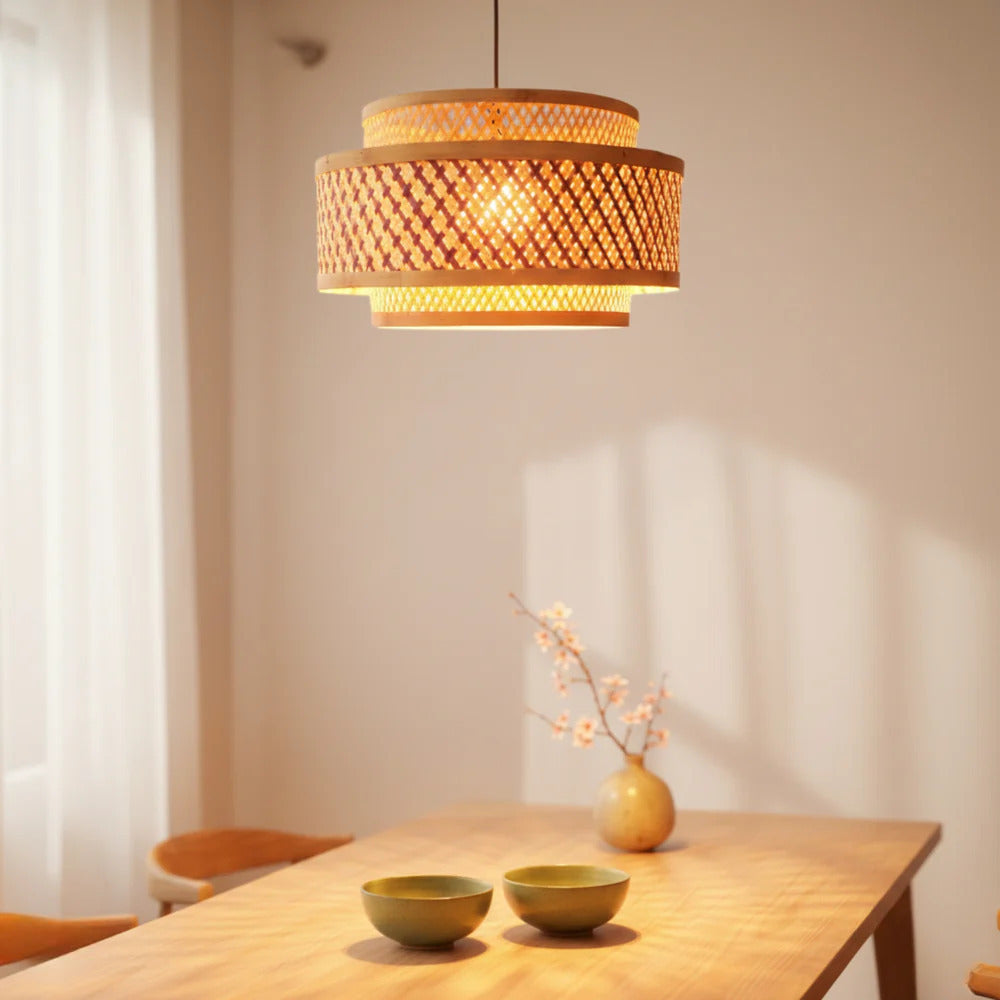 Double Layer Bamboo Hanging Lamp - Tiered Drum Pendant