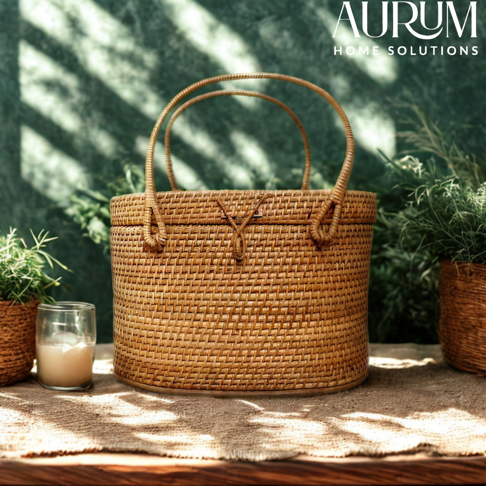 Borough - Lidded Oval Rattan Utility Basket with Dual Handles