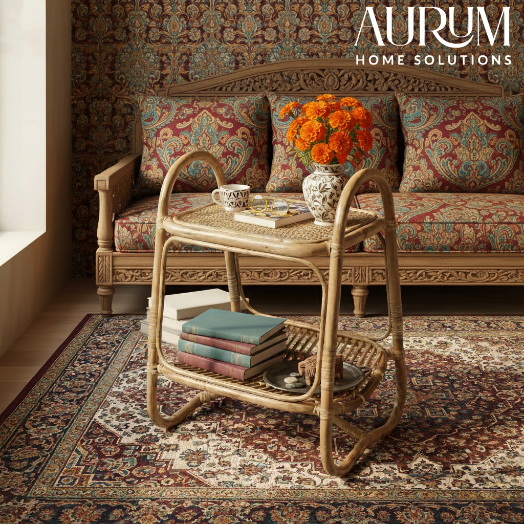 Side Table with Double-Tier Rattan Design