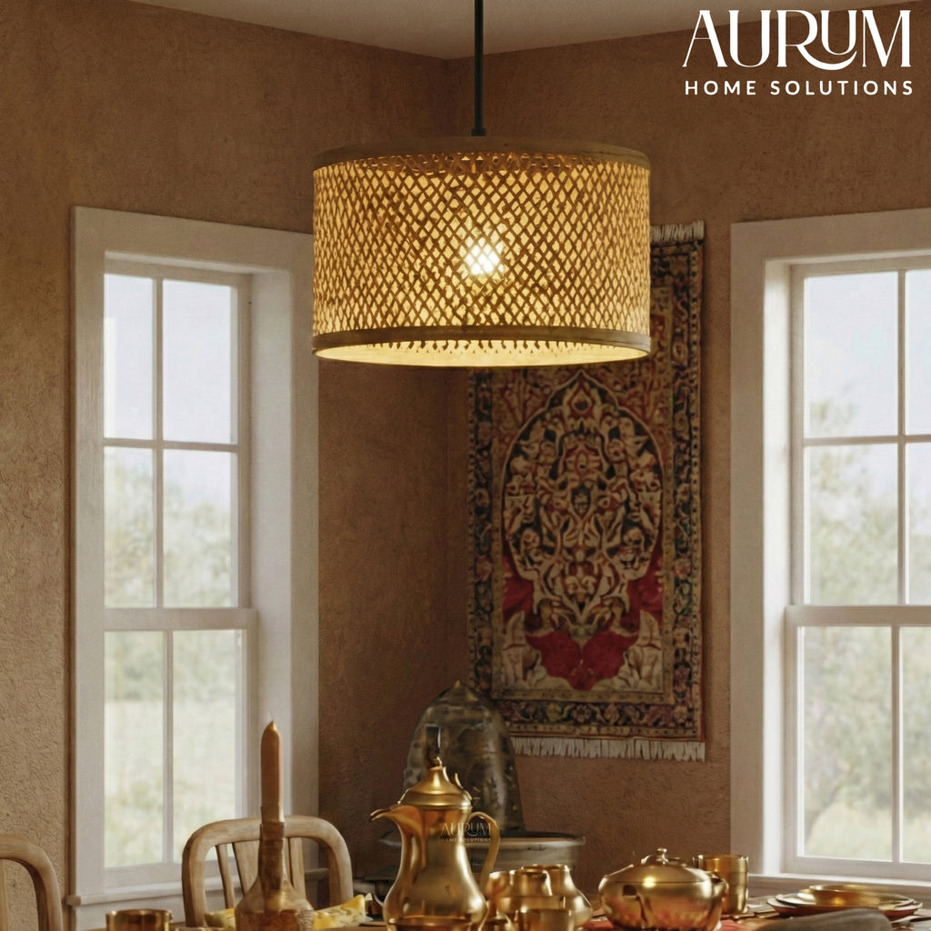 Minimal Nest Bamboo Hanging Lamp - Diamond Lattice Drum
