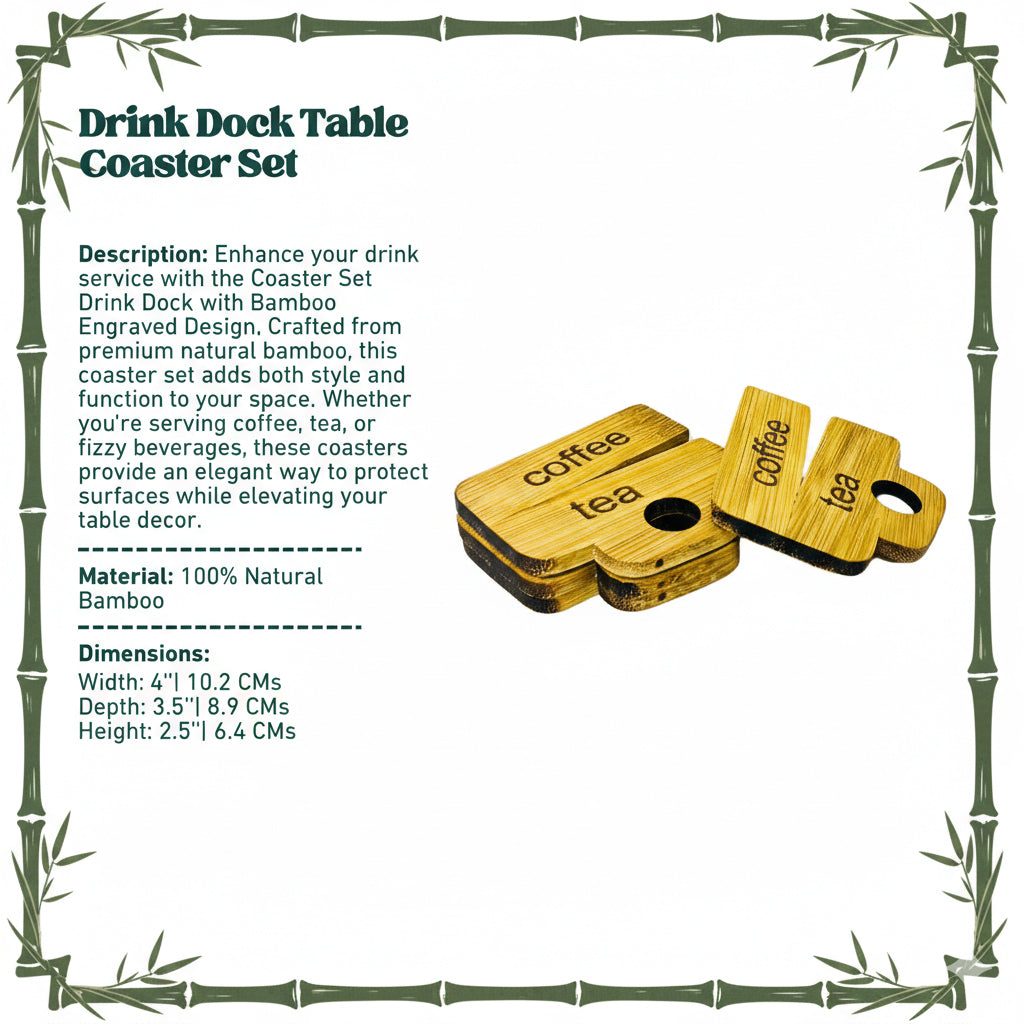 Coaster Set Drink Dock with Bamboo Engraved Design (Set of 4)