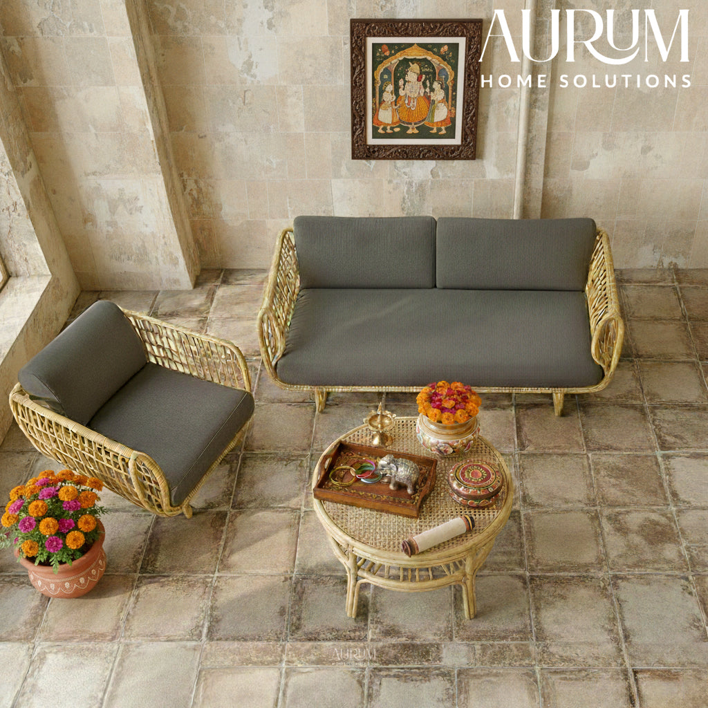 Cane Sofa Set with Curved Rattan Design for Indoor & Outdoor